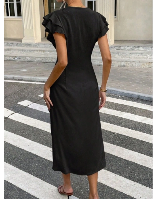 Kadın Kısa Kollu V Yakalı önden Düğmeli Bürümcük Midi Elbise