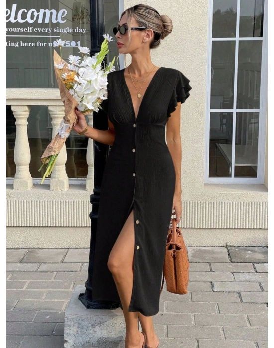 Kadın Kısa Kollu V Yakalı önden Düğmeli Bürümcük Midi Elbise