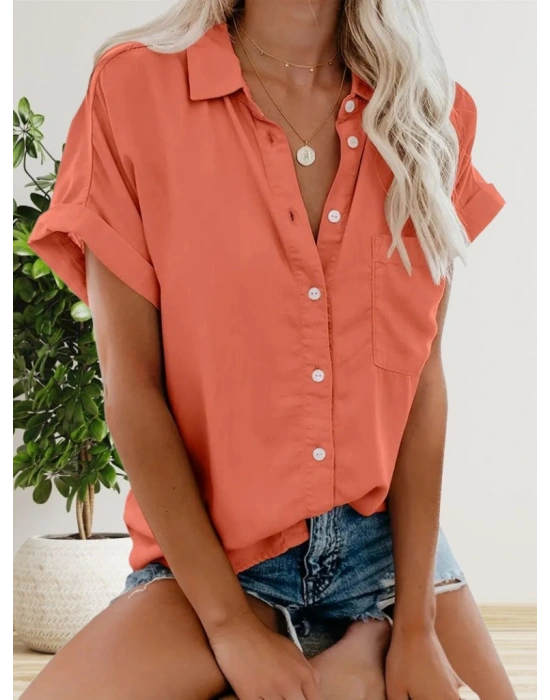 Kadın Kısa Kollu V Yakalı önden Düğmeli Dokuma Gömlek