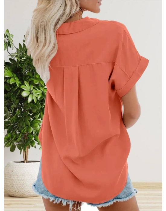 Kadın Kısa Kollu V Yakalı önden Düğmeli Dokuma Gömlek