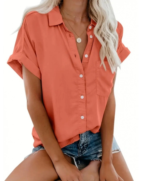 Kadın Kısa Kollu V Yakalı önden Düğmeli Dokuma Gömlek
