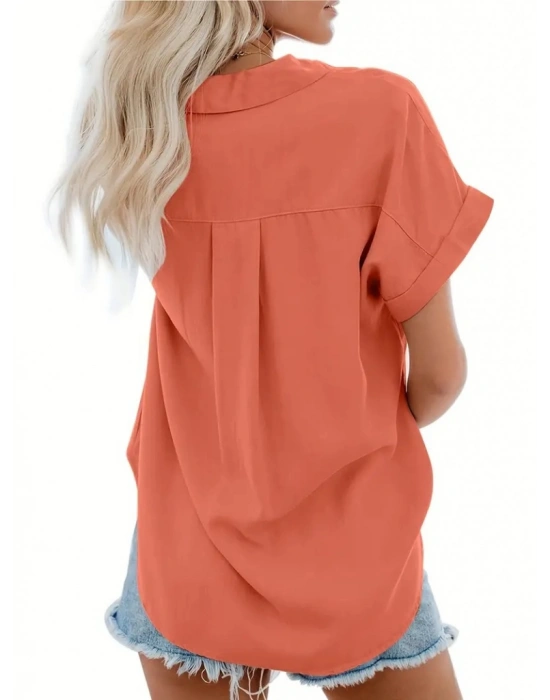 Kadın Kısa Kollu V Yakalı önden Düğmeli Dokuma Gömlek