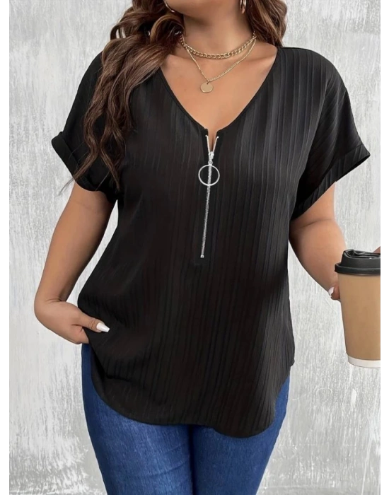 Kadın Kısa Kollu V Yakalı önden Fermuarlı Salaş Bluz