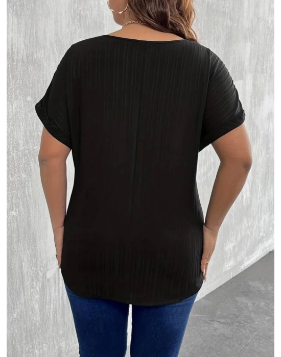 Kadın Kısa Kollu V Yakalı önden Fermuarlı Salaş Bluz