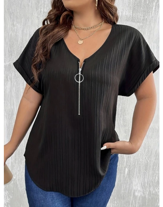 Kadın Kısa Kollu V Yakalı önden Fermuarlı Salaş Bluz