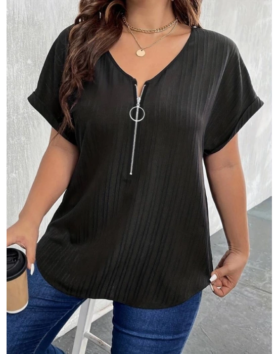 Kadın Kısa Kollu V Yakalı önden Fermuarlı Salaş Bluz