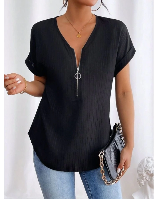 Kadın Kısa Kollu V Yakalı önden Fermuarlı Salaş Bluz