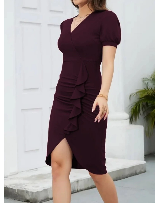 Kadın Kısa Kollu V Yakalı önden Fırfırlı Ithal Krep Elbise