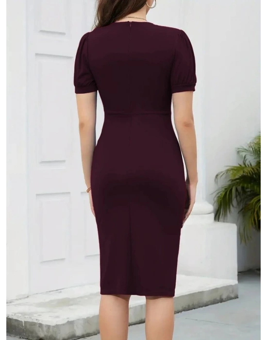 Kadın Kısa Kollu V Yakalı önden Fırfırlı Ithal Krep Elbise