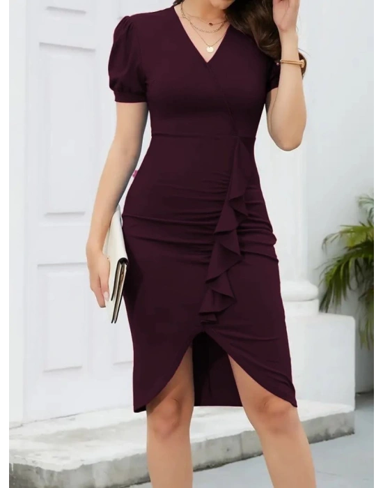 Kadın Kısa Kollu V Yakalı önden Fırfırlı Ithal Krep Elbise