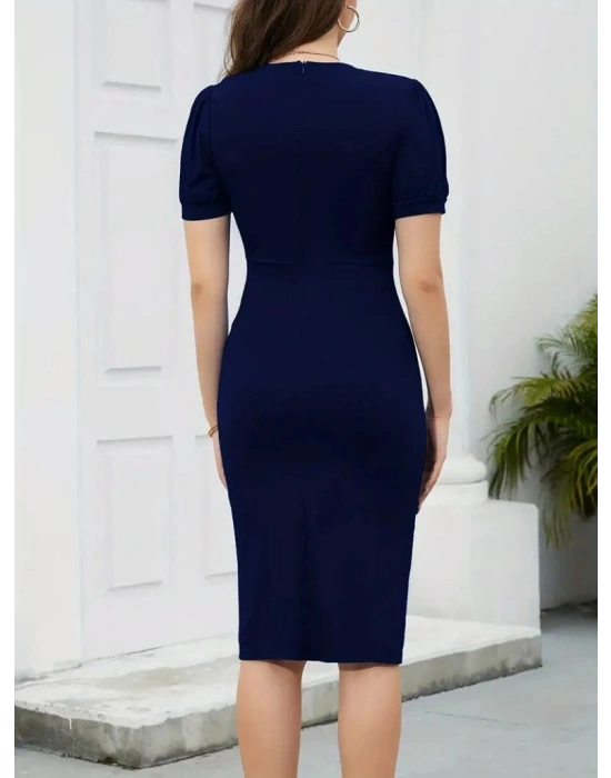 Kadın Kısa Kollu V Yakalı önden Fırfırlı Ithal Krep Elbise