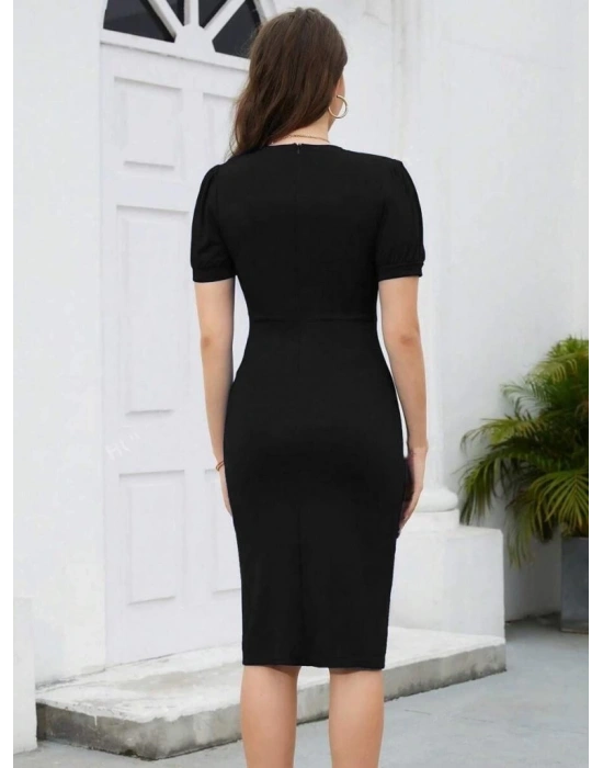 Kadın Kısa Kollu V Yakalı önden Fırfırlı Ithal Krep Elbise