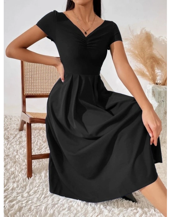 Kadın Kısa Kollu V Yakalı önden Pileli Janjan Krep Elbise