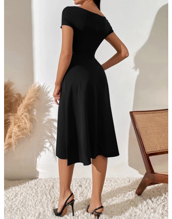 Kadın Kısa Kollu V Yakalı önden Pileli Janjan Krep Elbise