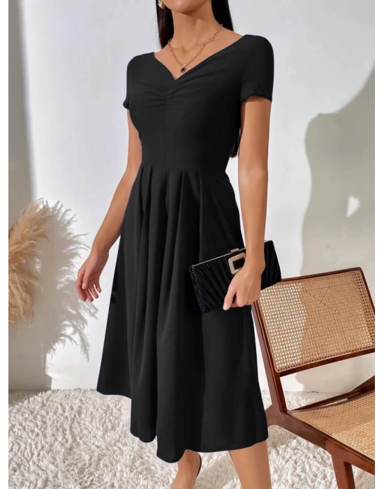 Kadın Kısa Kollu V Yakalı önden Pileli Janjan Krep Elbise