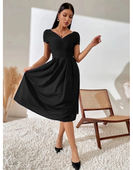 Kadın Kısa Kollu V Yakalı önden Pileli Janjan Krep Elbise