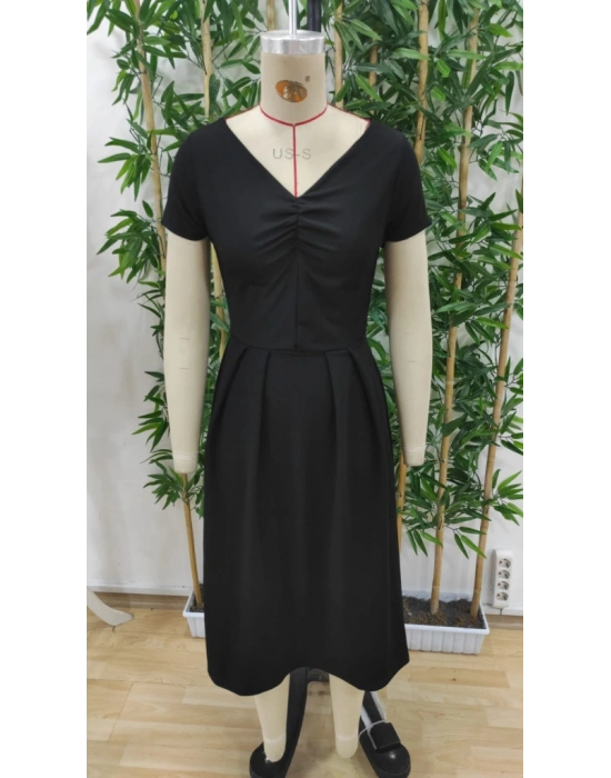 Kadın Kısa Kollu V Yakalı önden Pileli Janjan Krep Elbise