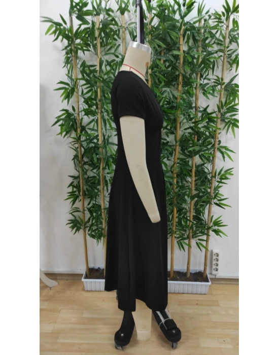 Kadın Kısa Kollu V Yakalı önden Pileli Janjan Krep Elbise