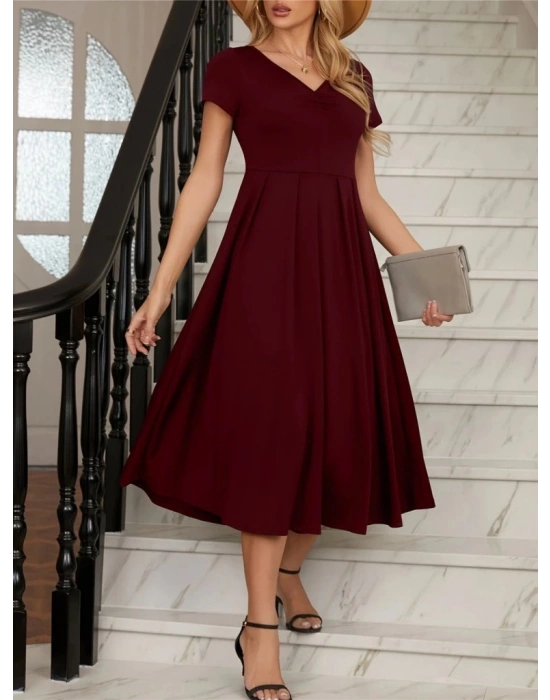Kadın Kısa Kollu V Yakalı önden Pileli Midi Janjan Krep Elbise