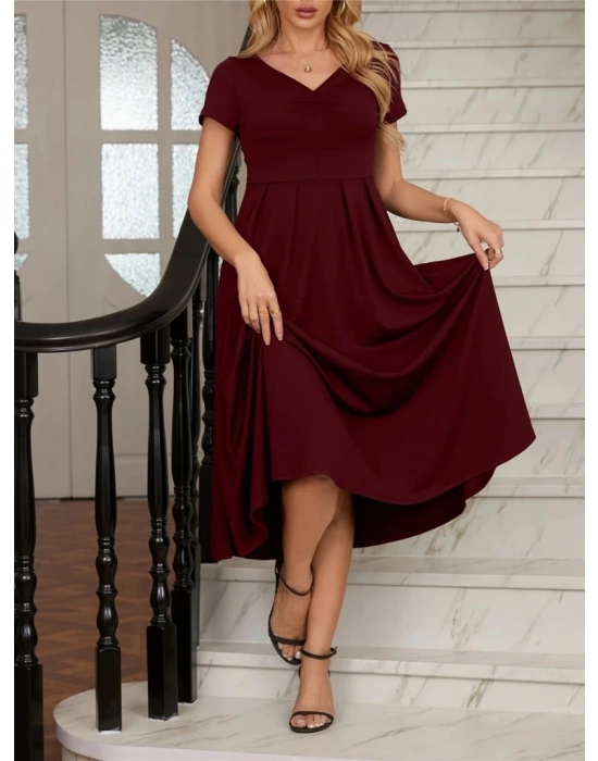 Kadın Kısa Kollu V Yakalı önden Pileli Midi Janjan Krep Elbise