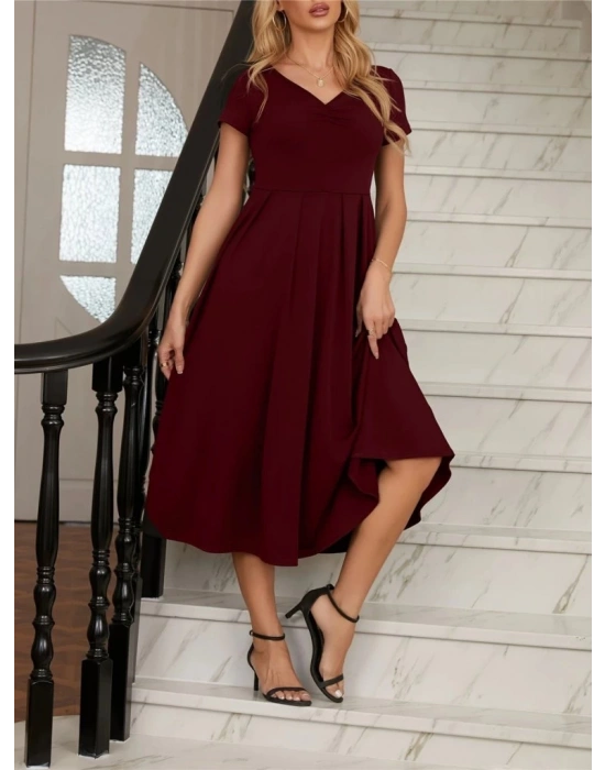 Kadın Kısa Kollu V Yakalı önden Pileli Midi Janjan Krep Elbise