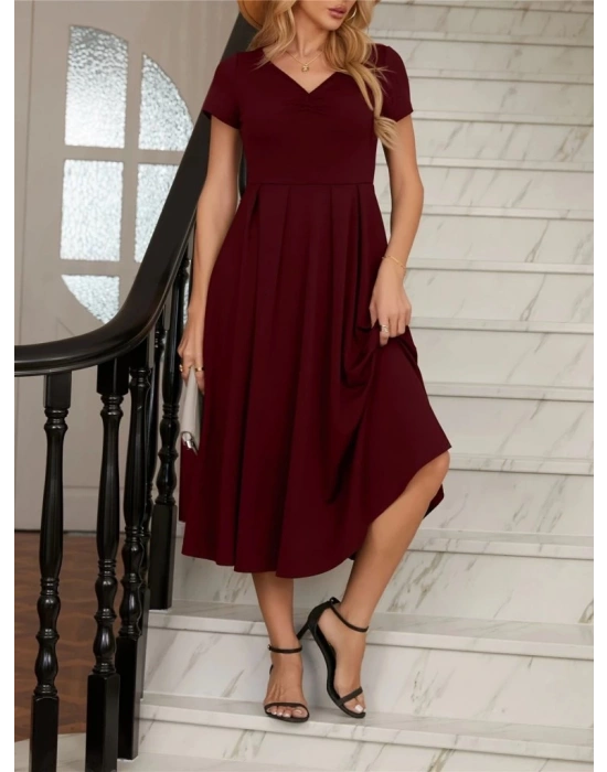 Kadın Kısa Kollu V Yakalı önden Pileli Midi Janjan Krep Elbise