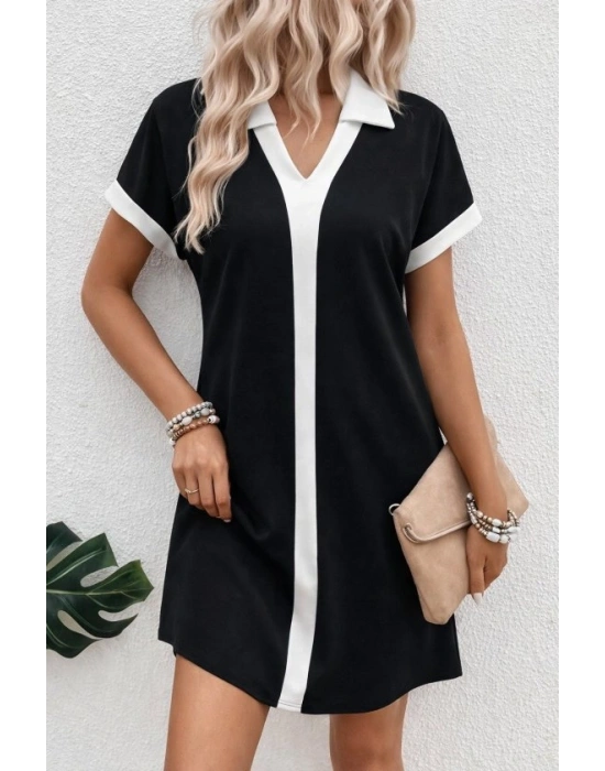 Kadın Kısa Kollu V Yakalı Onden şerit Detaylı Yakalı Kısa Janjan Krep Elbise