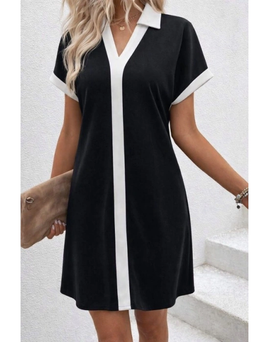 Kadın Kısa Kollu V Yakalı Onden şerit Detaylı Yakalı Kısa Janjan Krep Elbise