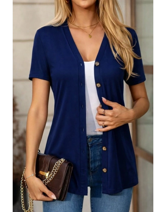 Kadın Kısa Kollu V Yakalı önü Düğmeli Viskon Bluz