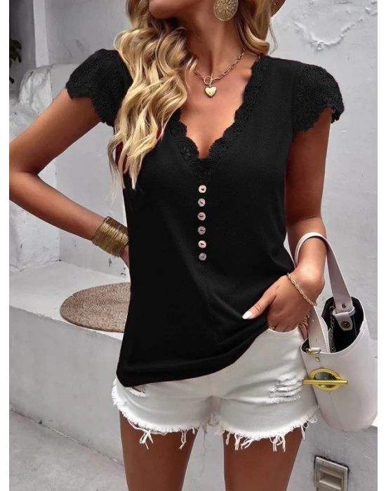 Kadın Kısa Kollu V Yakalı önü Düğmeli Viskon Bluz