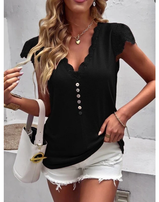 Kadın Kısa Kollu V Yakalı önü Düğmeli Viskon Bluz