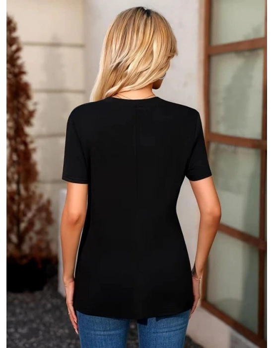 Kadın Kısa Kollu V Yakalı önü Düğmeli Viskon Bluz