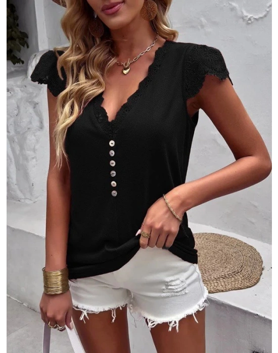 Kadın Kısa Kollu V Yakalı önü Düğmeli Viskon Bluz