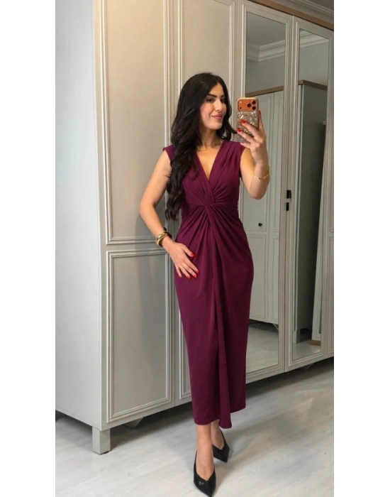 Kadın Kısa Kollu V Yakalı önü Sarmal Detaylı Yırtmaçlı Sandy Midi Elbise