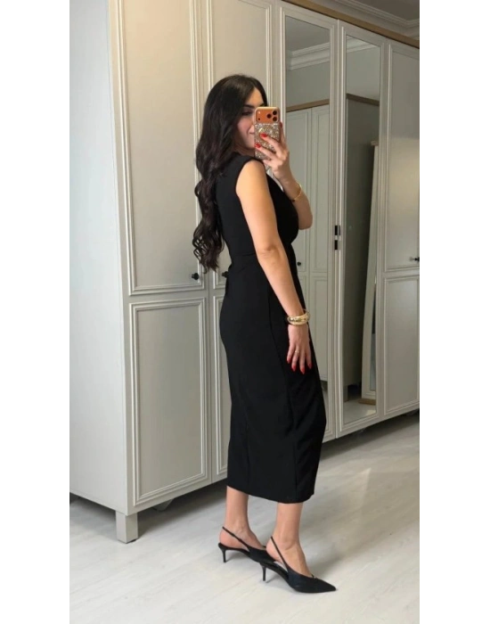 Kadın Kısa Kollu V Yakalı önü Sarmal Detaylı Yırtmaçlı Sandy Midi Elbise