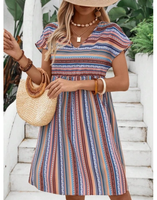 Kadın Kısa Kollu V Yakalı Pile Detay Keten Elbise