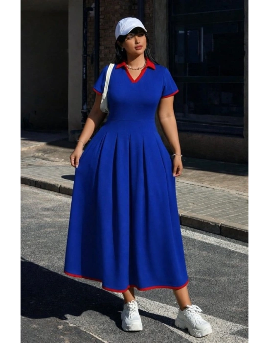 Kadın Kısa Kollu V Yakalı Pileli Uzun Janjan Krep Elbise