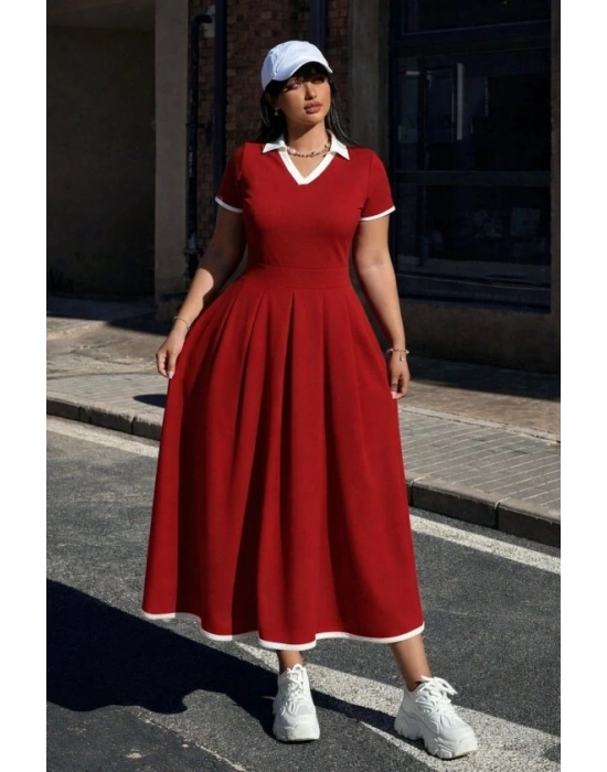 Kadın Kısa Kollu V Yakalı Pileli Uzun Janjan Krep Elbise