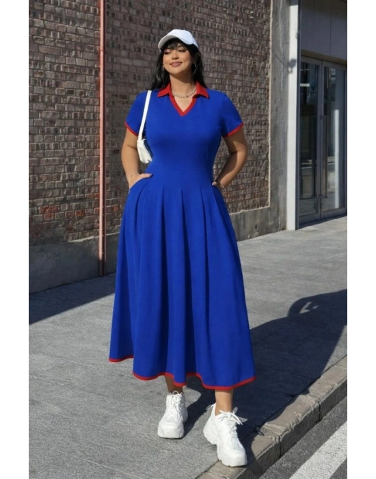 Kadın Kısa Kollu V Yakalı Pileli Uzun Janjan Krep Elbise