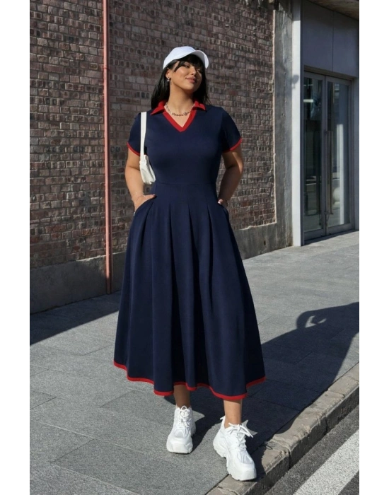 Kadın Kısa Kollu V Yakalı Pileli Uzun Janjan Krep Elbise