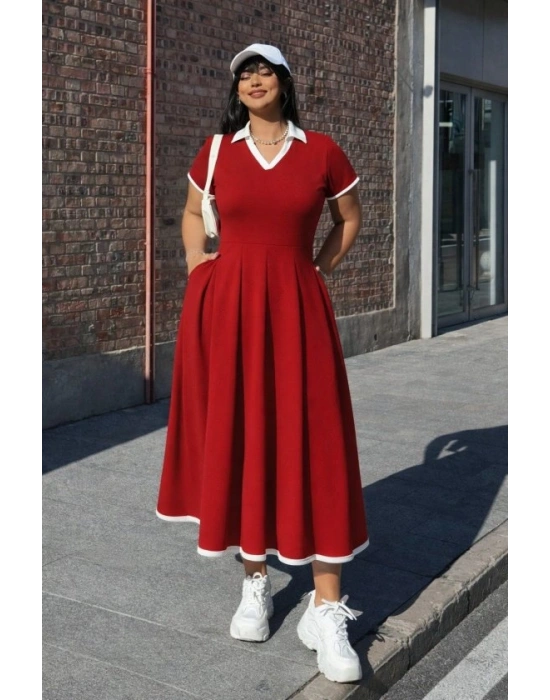 Kadın Kısa Kollu V Yakalı Pileli Uzun Janjan Krep Elbise