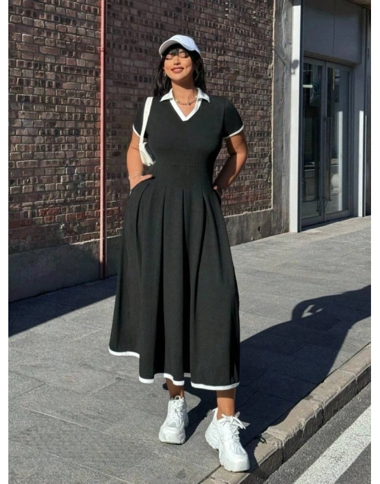 Kadın Kısa Kollu V Yakalı Pileli Uzun Janjan Krep Elbise