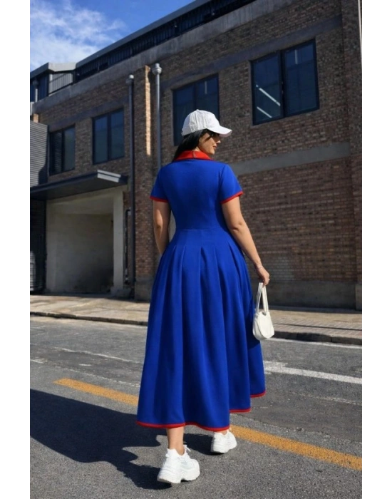 Kadın Kısa Kollu V Yakalı Pileli Uzun Janjan Krep Elbise