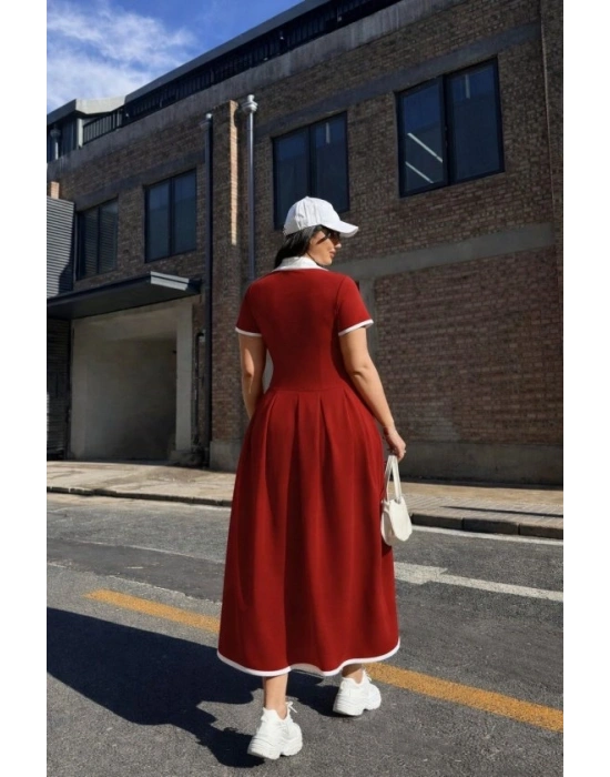 Kadın Kısa Kollu V Yakalı Pileli Uzun Janjan Krep Elbise