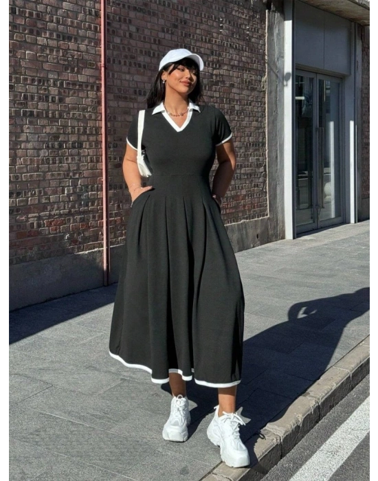 Kadın Kısa Kollu V Yakalı Pileli Uzun Janjan Krep Elbise