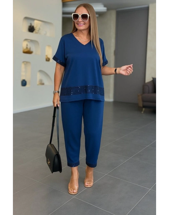 Kadın Kısa Kollu V Yakalı Pul Payetli Viskon Iki Iplik Bluz Ve Pantolon Ikili Takım