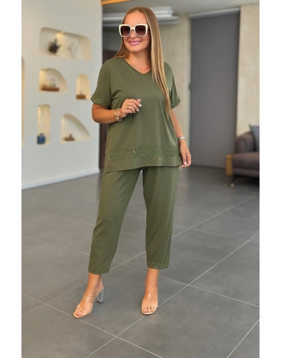 Kadın Kısa Kollu V Yakalı Pul Payetli Viskon Iki Iplik Bluz Ve Pantolon Ikili Takım