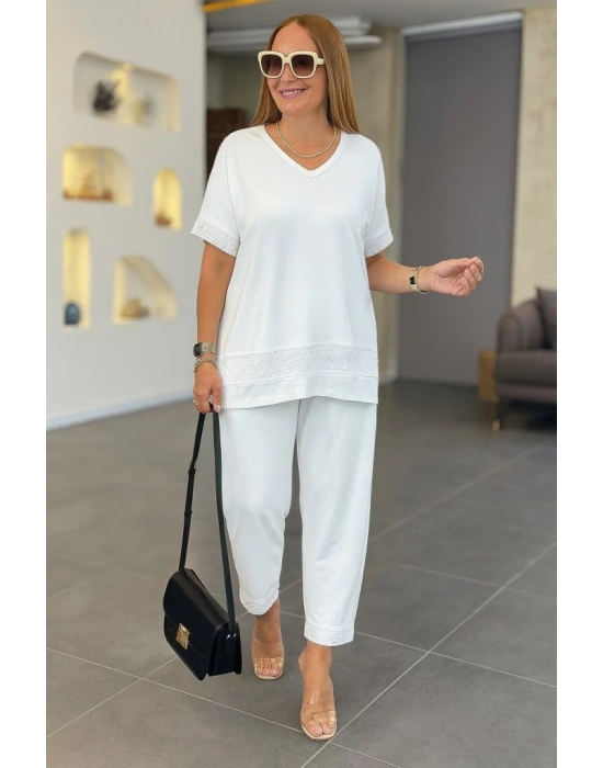 Kadın Kısa Kollu V Yakalı Pul Payetli Viskon Iki Iplik Bluz Ve Pantolon Ikili Takım