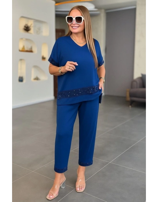 Kadın Kısa Kollu V Yakalı Pul Payetli Viskon Iki Iplik Bluz Ve Pantolon Ikili Takım