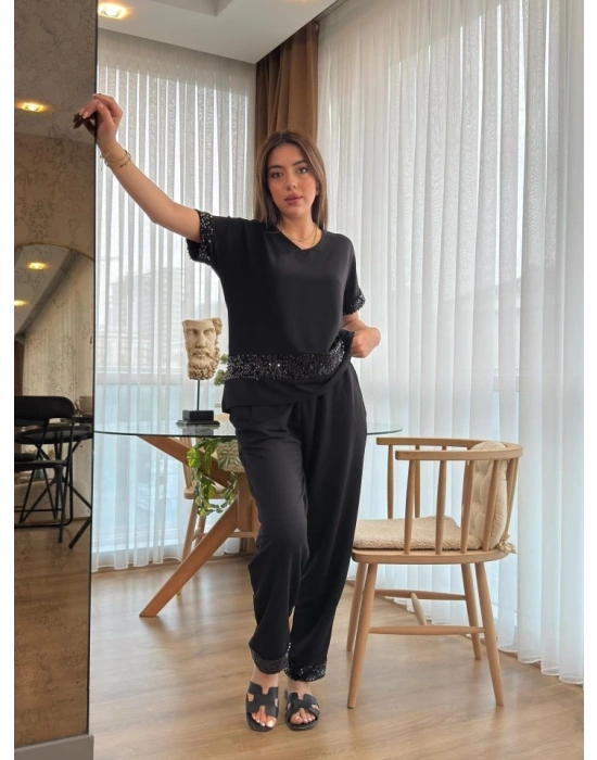 Kadın Kısa Kollu V Yakalı Pul Payetli Viskon Iki Iplik Bluz Ve Pantolon Ikili Takım